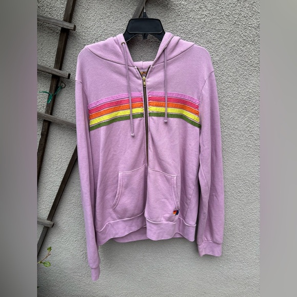 Aviator Nation 5 Stripe Zip Up Hoodie in Mauve/pink Green